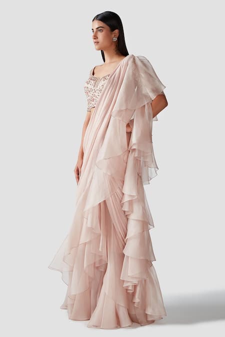 Swati Narula_Pink Saree Chiffon And Organza Blouse Crepe Ilham Pre-draped Ruffle With _Online_at_Aza_Fashions