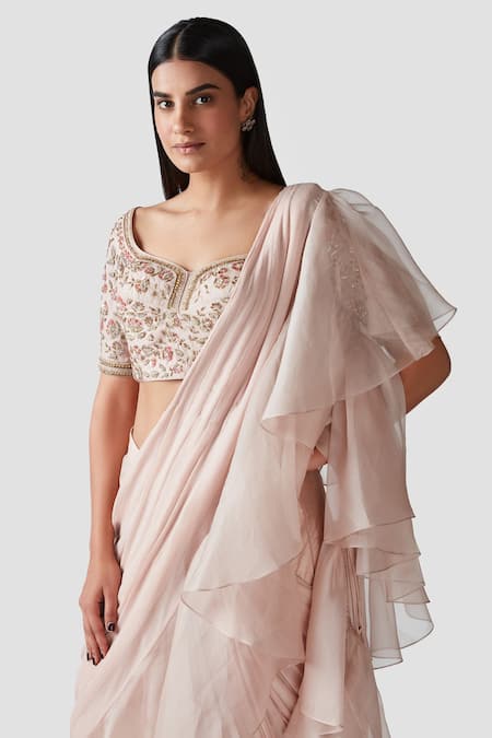 Buy_Swati Narula_Pink Saree Chiffon And Organza Blouse Crepe Ilham Pre-draped Ruffle With _Online_at_Aza_Fashions