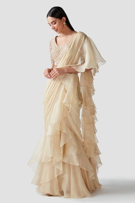Swati Narula_Gold Saree Chiffon And Organza Blouse Crepe Calafia Pre-draped Ruffle With _Online_at_Aza_Fashions