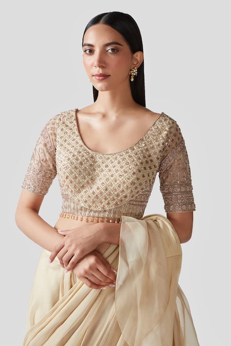 Buy_Swati Narula_Gold Saree Chiffon And Organza Blouse Crepe Calafia Pre-draped Ruffle With _Online_at_Aza_Fashions