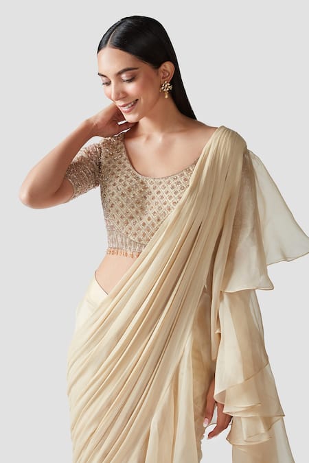 Shop_Swati Narula_Gold Saree Chiffon And Organza Blouse Crepe Calafia Pre-draped Ruffle With _Online_at_Aza_Fashions