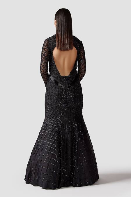 Shop_Swati Narula_Black Organza Glass Beads, Pipes, Salli, Sequins Aoide Fish Embroidered Gown _at_Aza_Fashions