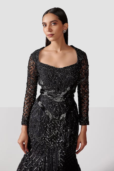 Buy_Swati Narula_Black Organza Glass Beads, Pipes, Salli, Sequins Aoide Fish Embroidered Gown _Online_at_Aza_Fashions
