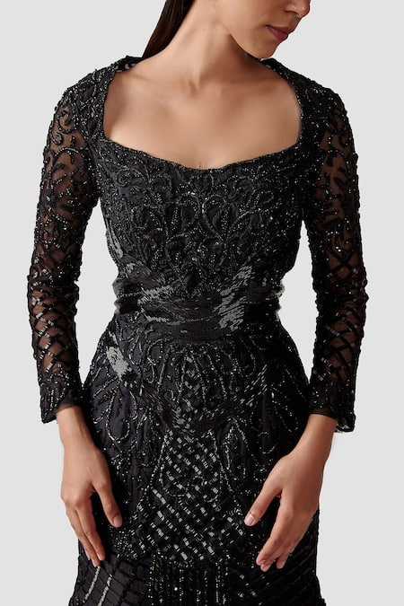 Shop_Swati Narula_Black Organza Glass Beads, Pipes, Salli, Sequins Aoide Fish Embroidered Gown _Online_at_Aza_Fashions