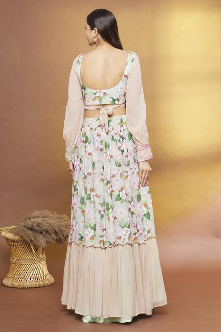 Shop_Samyukta Singhania_Peach Georgette, Net Embroidery, Sequins V-neck Floral Print Tiered Lehenga Set _at_Aza_Fashions