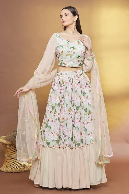 Buy_Samyukta Singhania_Peach Georgette, Net Embroidery, Sequins V-neck Floral Print Tiered Lehenga Set _Online_at_Aza_Fashions