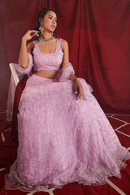 Shloka Sudhakar Purple Organza, Net Cutdana And Pearl Work Square Neck Embroidered Lehenga Set Online at Aza Fashions Shloka Sudhakar_Purple Organza, Net Cutdana And Pearl Work Square Neck Embroidered Lehenga Set _Online_at_Aza_Fashions