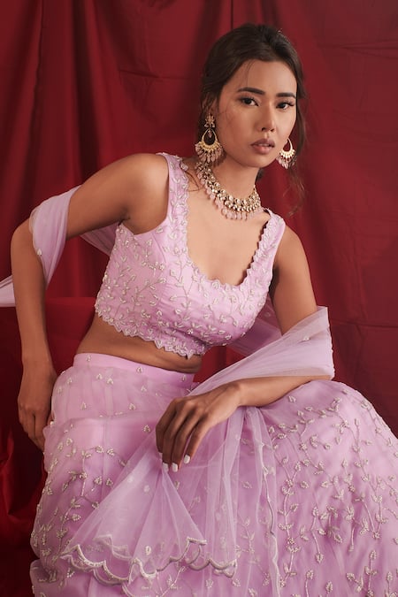Buy Shloka Sudhakar Purple Organza, Net Cutdana And Pearl Work Square Neck Embroidered Lehenga Set Online at Aza Fashions Buy_Shloka Sudhakar_Purple Organza, Net Cutdana And Pearl Work Square Neck Embroidered Lehenga Set _Online_at_Aza_Fashions