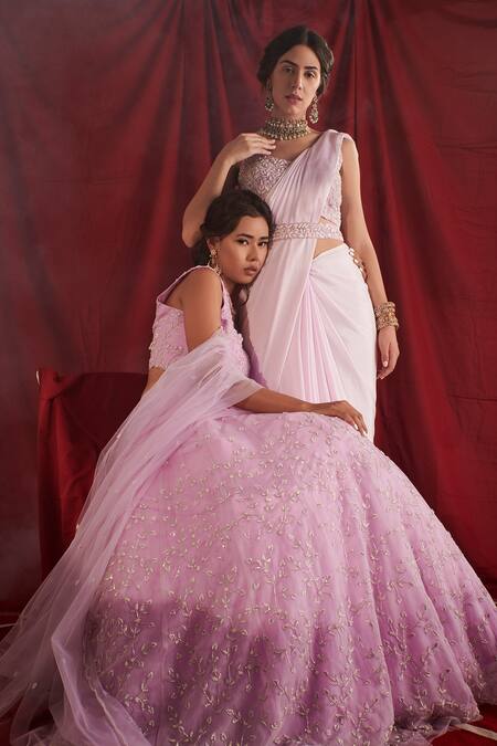 Shloka Sudhakar Purple Organza, Net Cutdana And Pearl Work Square Neck Embroidered Lehenga Set at Aza Fashions Shloka Sudhakar_Purple Organza, Net Cutdana And Pearl Work Square Neck Embroidered Lehenga Set _at_Aza_Fashions