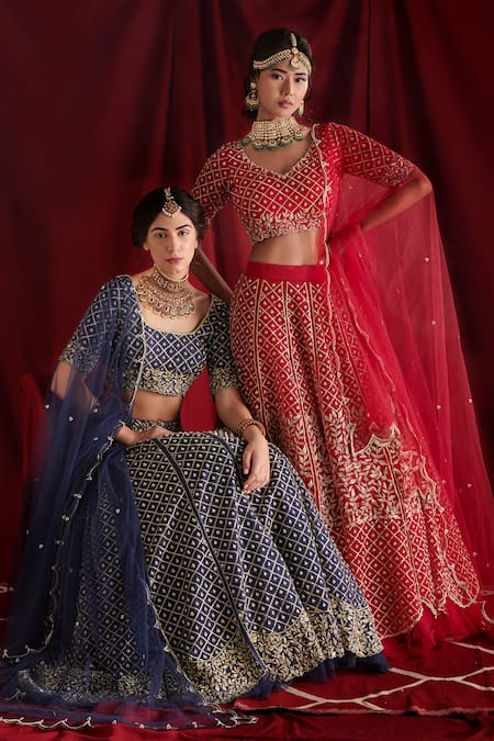 Shop_Shloka Sudhakar_Red Organza, Dupatta Net Zardozi And Pearl Work V Embroidered Bridal Lehenga Set _Online_at_Aza_Fashions