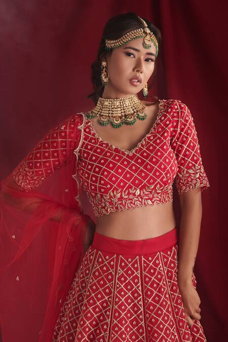 Shloka Sudhakar_Red Organza, Dupatta Net Zardozi And Pearl Work V Embroidered Bridal Lehenga Set _at_Aza_Fashions