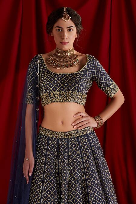 Shloka Sudhakar_Blue Organza, Dupatta Net Zardozi And Pearl Work Embroidered Bridal Lehenga Set _Online_at_Aza_Fashions