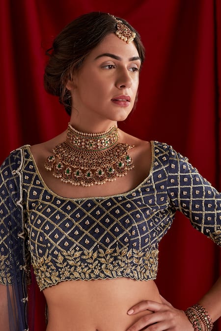 Buy_Shloka Sudhakar_Blue Organza, Dupatta Net Zardozi And Pearl Work Embroidered Bridal Lehenga Set _Online_at_Aza_Fashions