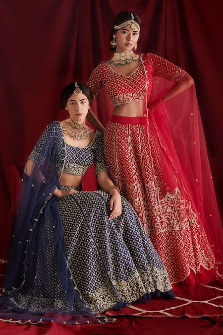 Shop_Shloka Sudhakar_Blue Organza, Dupatta Net Zardozi And Pearl Work Embroidered Bridal Lehenga Set _Online_at_Aza_Fashions