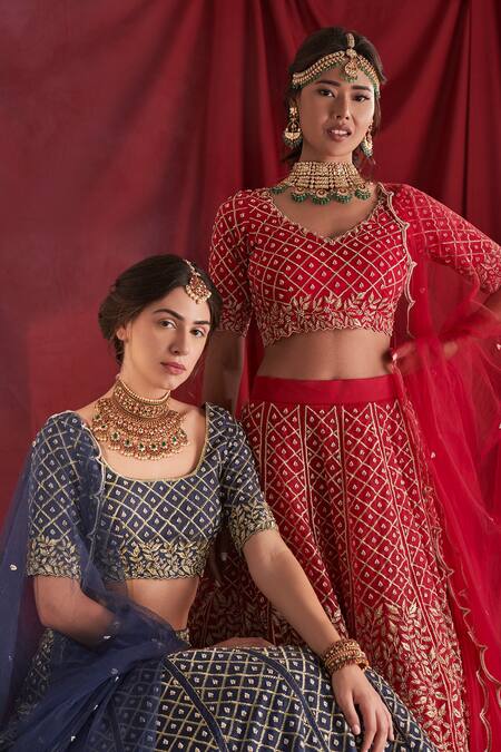 Shloka Sudhakar_Blue Organza, Dupatta Net Zardozi And Pearl Work Embroidered Bridal Lehenga Set _at_Aza_Fashions