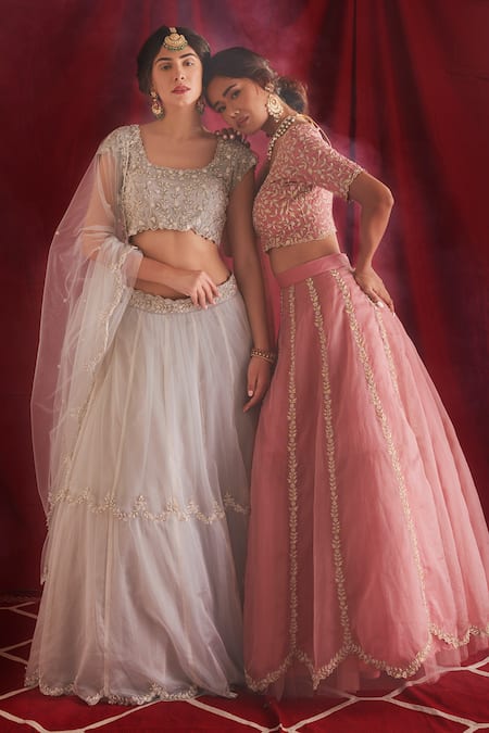 Buy Shloka Sudhakar Pink Organza, Dupatta Net Thread, Cutdana And Pearl Work Embroidered Lehenga Set Online at Aza Fashions Buy_Shloka Sudhakar_Pink Organza, Dupatta Net Thread, Cutdana And Pearl Work Embroidered Lehenga Set _Online_at_Aza_Fashions