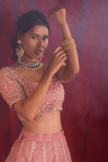 Shop Shloka Sudhakar Pink Organza, Dupatta Net Thread, Cutdana And Pearl Work Embroidered Lehenga Set Online at Aza Fashions Shop_Shloka Sudhakar_Pink Organza, Dupatta Net Thread, Cutdana And Pearl Work Embroidered Lehenga Set _Online_at_Aza_Fashions