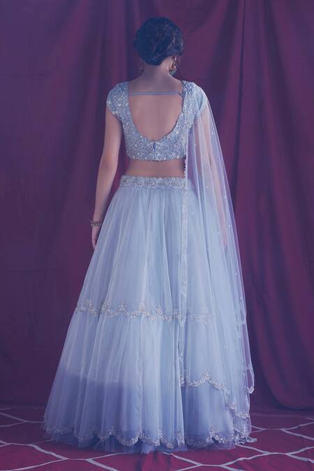 Shop_Shloka Sudhakar_White Organza Embroidered And Embellished Thread U Neck Lehenga Set _at_Aza_Fashions