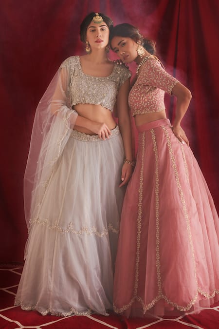 Shop_Shloka Sudhakar_White Organza Embroidered And Embellished Thread U Neck Lehenga Set _Online_at_Aza_Fashions