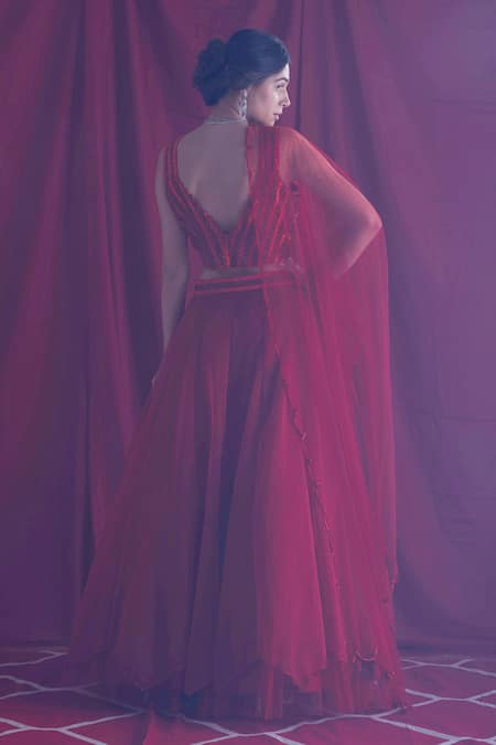 Shop_Shloka Sudhakar_Maroon Organza, Net Cutdana Work V Neck Embroidered Lehenga Set _at_Aza_Fashions
