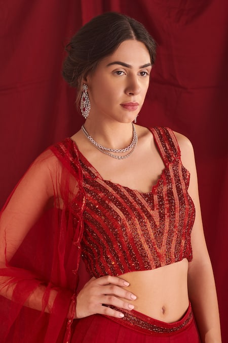 Shloka Sudhakar_Maroon Organza, Net Cutdana Work V Neck Embroidered Lehenga Set _Online_at_Aza_Fashions