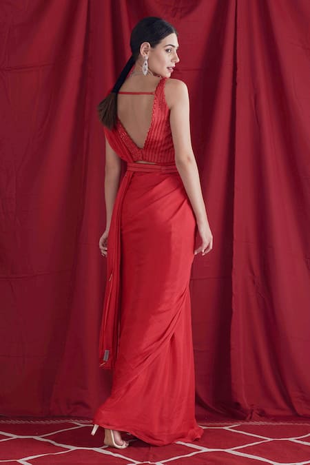 Shop_Shloka Sudhakar_Red Chinon, Saree Crepe Cutdana Work V Neck With Embroidered Blouse _at_Aza_Fashions