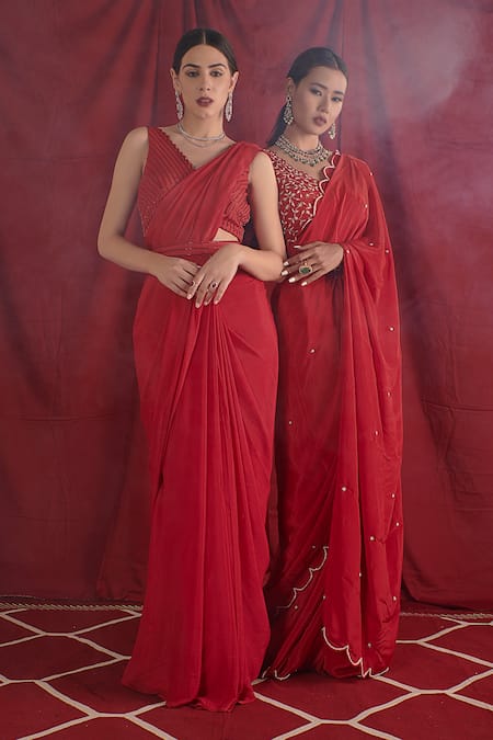 Shloka Sudhakar_Red Chinon, Saree Crepe Cutdana Work V Neck With Embroidered Blouse _Online_at_Aza_Fashions