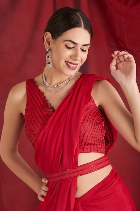 Buy_Shloka Sudhakar_Red Chinon, Saree Crepe Cutdana Work V Neck With Embroidered Blouse _Online_at_Aza_Fashions