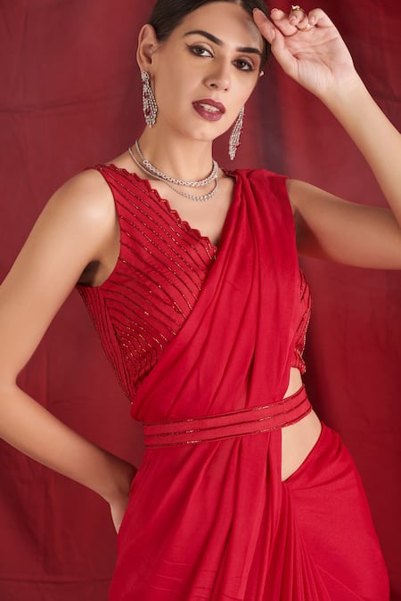 Shop_Shloka Sudhakar_Red Chinon, Saree Crepe Cutdana Work V Neck With Embroidered Blouse _Online_at_Aza_Fashions