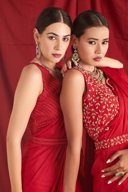 Shloka Sudhakar_Red Chinon, Saree Crepe Cutdana Work V Neck With Embroidered Blouse _at_Aza_Fashions