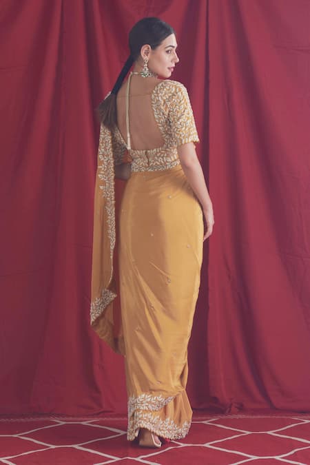 Shop_Shloka Sudhakar_Yellow Chinon, Saree Crepe Thread, Cutdana And Pearl Embroidered Corset & Set _at_Aza_Fashions