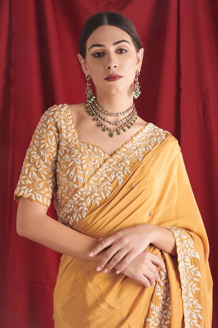 Shloka Sudhakar_Yellow Chinon, Saree Crepe Thread, Cutdana And Pearl Embroidered Corset & Set _Online_at_Aza_Fashions