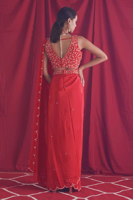 Shop_Shloka Sudhakar_Red Chinon, Saree Crepe Cutdana, Sequin And Pearl With Floral Embroidered Blouse _at_Aza_Fashions