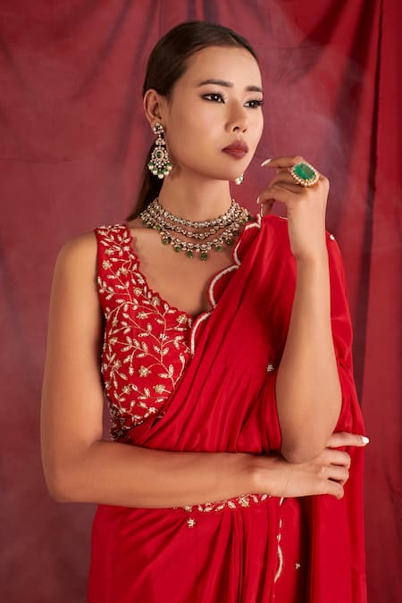 Buy_Shloka Sudhakar_Red Chinon, Saree Crepe Cutdana, Sequin And Pearl With Floral Embroidered Blouse _Online_at_Aza_Fashions