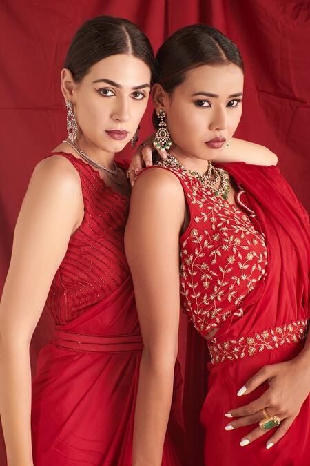 Shop_Shloka Sudhakar_Red Chinon, Saree Crepe Cutdana, Sequin And Pearl With Floral Embroidered Blouse _Online_at_Aza_Fashions