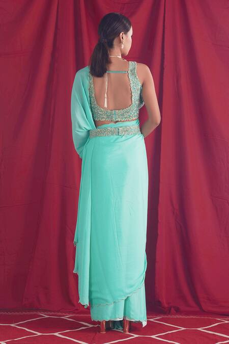 Shop_Shloka Sudhakar_Blue Blouse Suede, Saree Crepe Cutdana, Sequin With Floral Embroidered Corset _at_Aza_Fashions