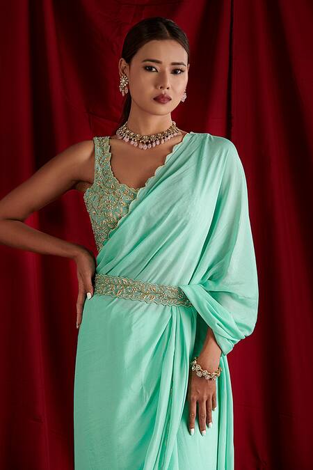 Shloka Sudhakar_Blue Blouse Suede, Saree Crepe Cutdana, Sequin With Floral Embroidered Corset _Online_at_Aza_Fashions