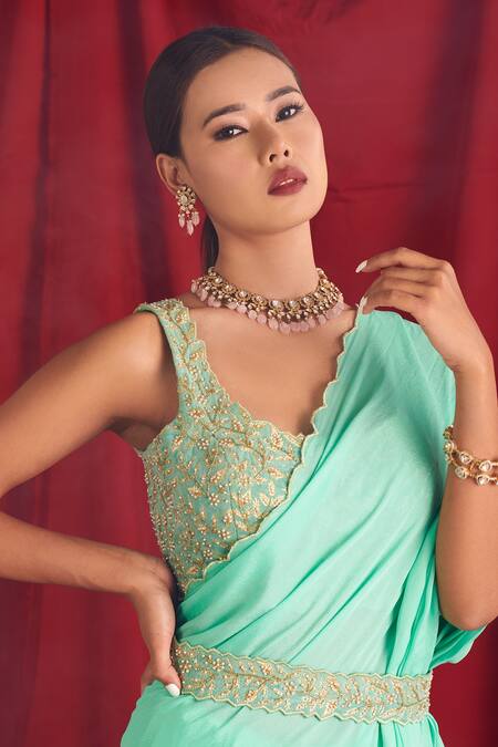 Buy_Shloka Sudhakar_Blue Blouse Suede, Saree Crepe Cutdana, Sequin With Floral Embroidered Corset _Online_at_Aza_Fashions
