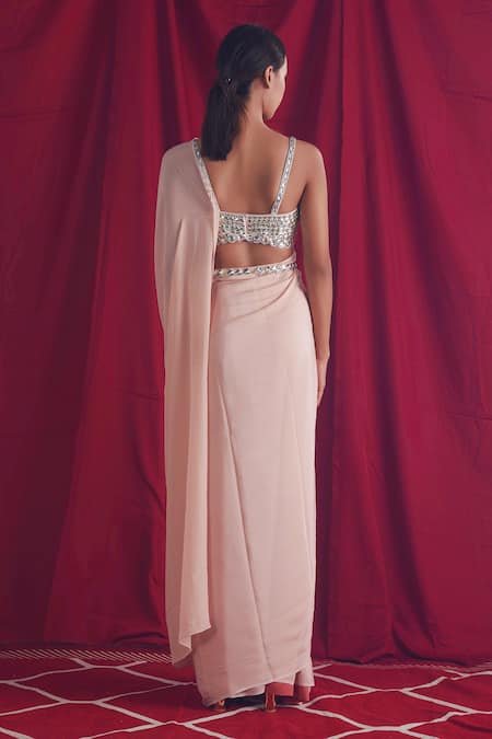 Shop_Shloka Sudhakar_Pink Saree Crepe Chinon Stone Work Square Neck With Embellished Blouse _at_Aza_Fashions