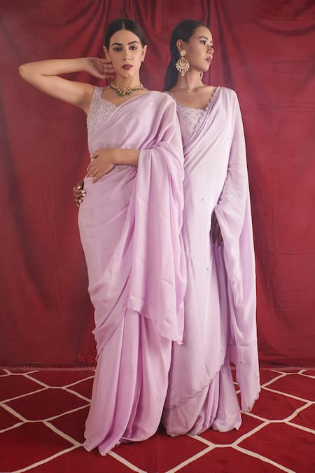 Shloka Sudhakar Purple Saree Crepe Chinon Thread, Cutdana And Pearl Work With Embroidered Blouse Online at Aza Fashions Shloka Sudhakar_Purple Saree Crepe Chinon Thread, Cutdana And Pearl Work With Embroidered Blouse _Online_at_Aza_Fashions
