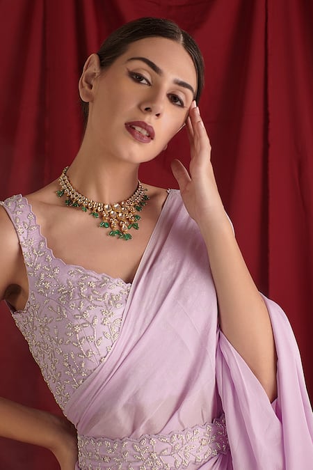 Buy Shloka Sudhakar Purple Saree Crepe Chinon Thread, Cutdana And Pearl Work With Embroidered Blouse Online at Aza Fashions Buy_Shloka Sudhakar_Purple Saree Crepe Chinon Thread, Cutdana And Pearl Work With Embroidered Blouse _Online_at_Aza_Fashions