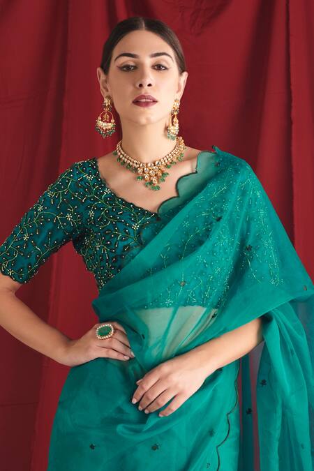 Shloka Sudhakar Green Organza Thread, Cutdana And Pearl Work Embroidered Blouse & Saree Set Online at Aza Fashions Shloka Sudhakar_Green Organza Thread, Cutdana And Pearl Work Embroidered Blouse & Saree Set _Online_at_Aza_Fashions