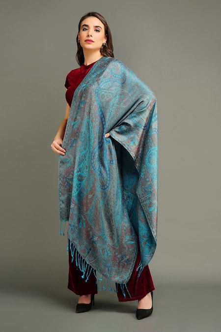 DUSALA Blue Handwoven Floral And Paisley Stole 