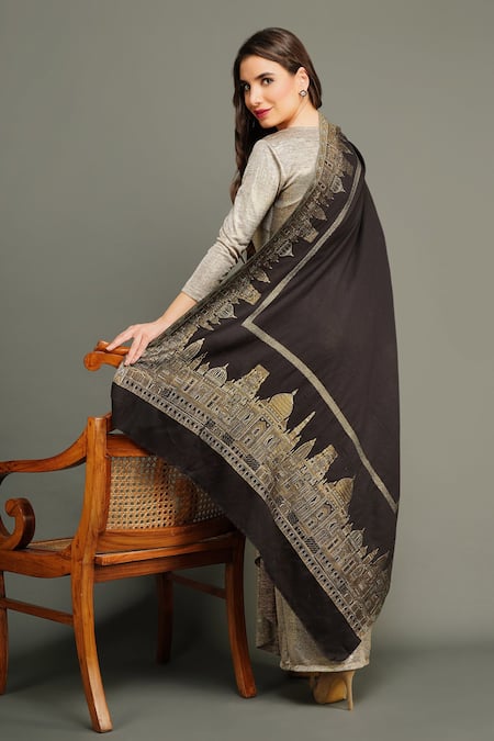 Shop_Dusala_Black Pashmina Embroidered Stole _at_Aza_Fashions