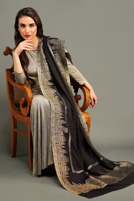 Dusala_Black Pashmina Embroidered Stole _Online_at_Aza_Fashions