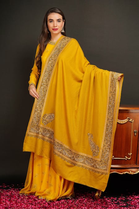 DUSALA Yellow Pashmina Wool Woven Shawl 