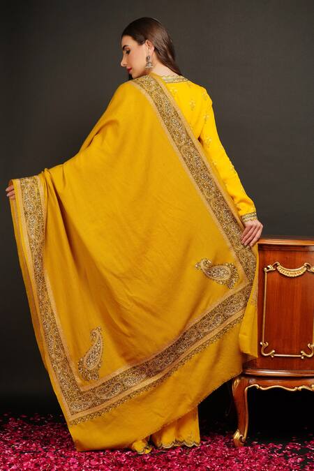 Shop Dusala Yellow Pashmina Wool Woven Shawl at Aza Fashions Shop_Dusala_Yellow Pashmina Wool Woven Shawl_at_Aza_Fashions