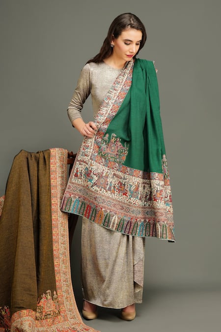 Shop_Dusala_Green Pashmina Wool Woven Shawl _at_Aza_Fashions