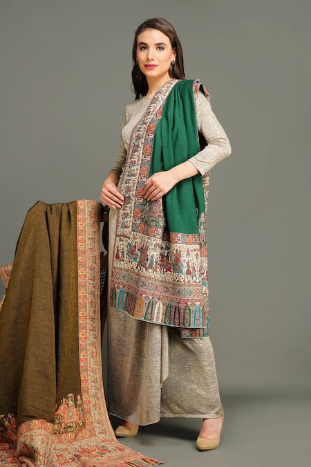 Dusala_Green Pashmina Wool Woven Shawl _Online_at_Aza_Fashions
