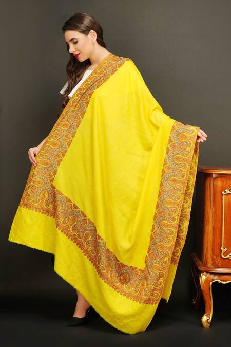 Dusala_Yellow Embroidered Handwoven Pashmina Sozni Border Shawl_Online_at_Aza_Fashions